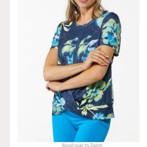 Live Well Navy Blue Print Active Wear Twisted Front Knit Top Size XL